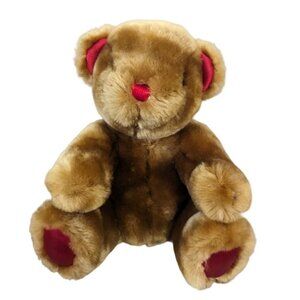 Bear plush stuffed animal red satin ears nose and paws  brown   Holiday